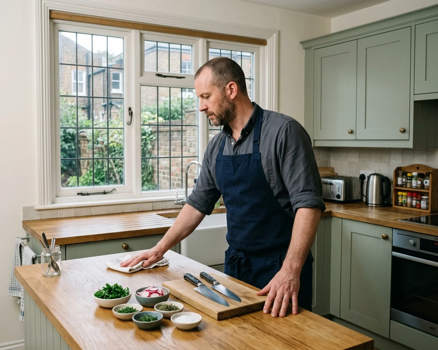 A chef wiping down a wooden worktop in a tidy sage-green British townhouse kitchen before guests arrive