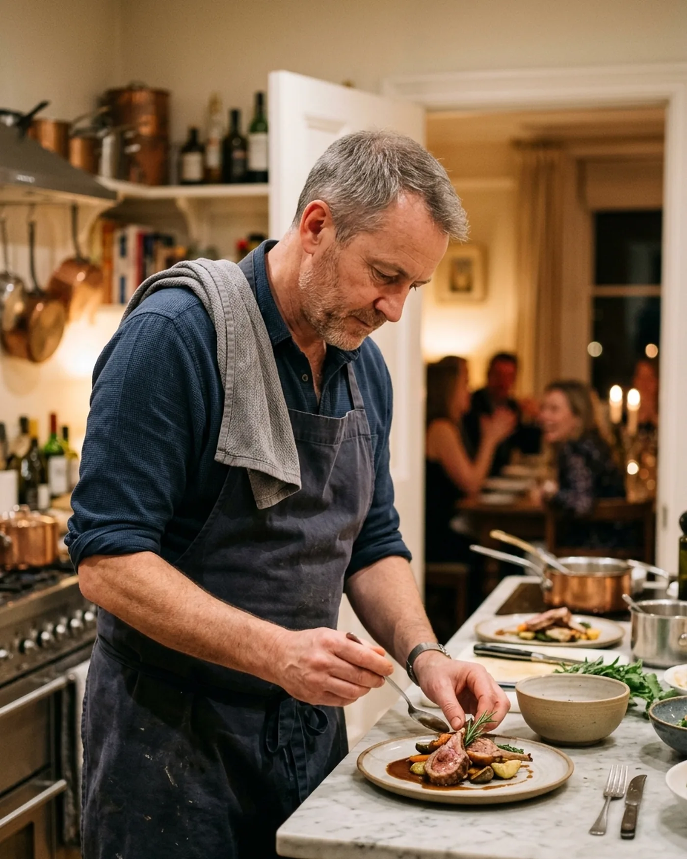 A private chef in a charcoal apron finishing a plate mid-service at a Richmond dinner party